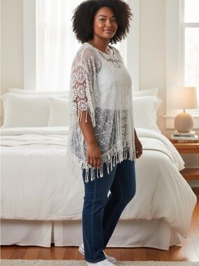 Lace Fringe Sheer Poncho Blouse - White